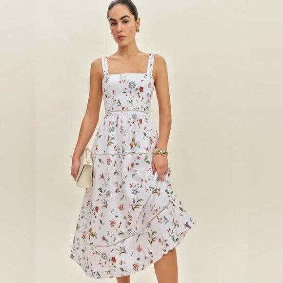 NEW Reformation Everett Linen Midi Dress Corsini White Multi Floral | US 0 UK 4 - Picture 1 of 16